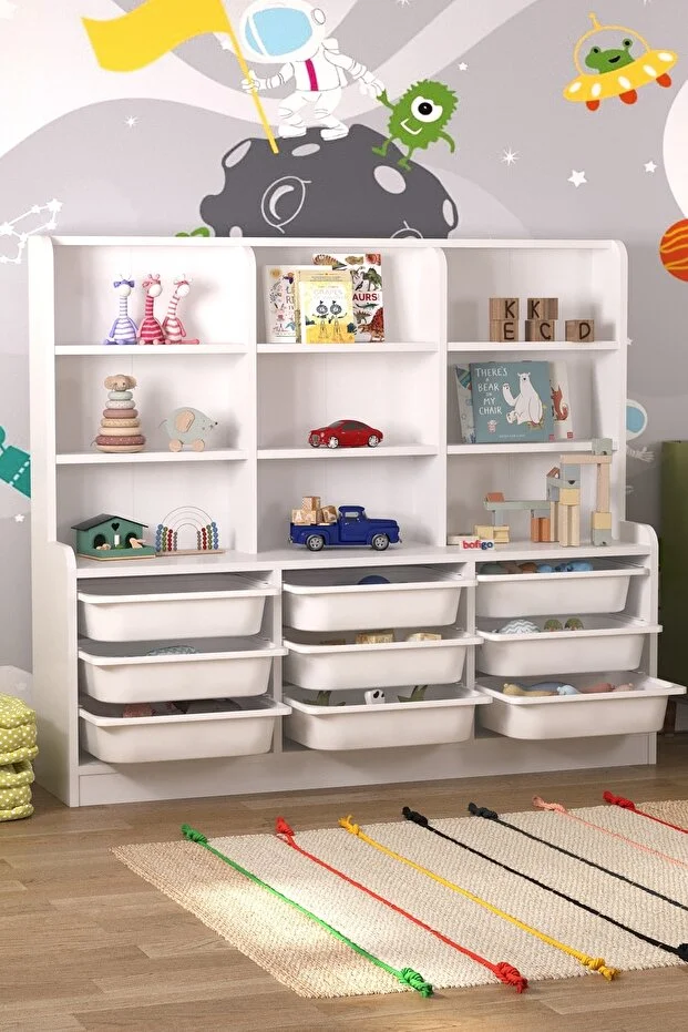 Almina 9 Sepetli 9 Raflı Dolap Çok Amaçlı Dolap Oyuncak Dolabı Almina Beyaz